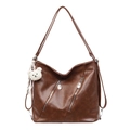 Brown vintage faux leather tote bag with dual zipper pockets and plush bear charm - Brown