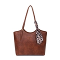 Grande borsa tote vintage marrone in similpelle testurizzata con foulard decorativo rosa - Marrone
