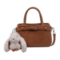 Brown retro bucket bag with silver buckle, top handle and plush rabbit pendant decor - With Pendant / Brown