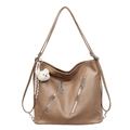 Brown faux leather convertible backpack and crossbody bag with plush charm and dual straps - Khaki