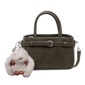 Olive green bucket bag in matte leather finish featuring a cute plush bunny pendant - With Pendant / Green