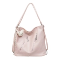 Pink PU leather fashion backpack for women with bear charm and multi-functional straps - Pink