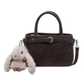 Dark brown suede bucket bag with silver buckle and a fluffy long-eared bunny charm - Coffee