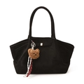 Black suede tote bag with pleated sides and cute brown bear pendant accessory - With Pendant / Black