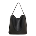 Minimalist black lychee pattern leather bucket tote bag with wide shoulder strap - Black