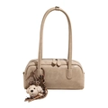 Bolso de hombro Boston beige minimalista en piel sintética con dije de perro peluche - Con Colgante / Caqui Claro