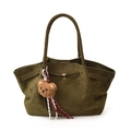 Olive green pleated faux suede tote bag with golden buckle and cute bear pendant - With Pendant / Green
