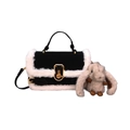 Fashionable black and white faux fur patchwork crossbody bag with plush rabbit charm - With Pendant / Black