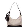 Beige suède hobo tas met donkerbruine lederen basis en mini afneembare pouch - Khaki