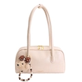 Beige retro underarm bag with lychee grain leather and a cute plush bear charm - With Pendant / White