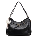 Black large capacity hobo bag with leather texture and white plush bear pendant - Black