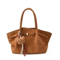 Brown suede tote bag with pleated detail and cute teddy bear charm accessory - With Pendant / Brown