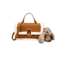 Brown suede crossbody bag with white faux fur trim, gold twist lock and rabbit charm - With Pendant / Brown