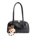 Retro black faux leather shoulder bag with vintage texture and puppy charm accessory - With Pendant / Black