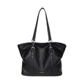Große schwarze Tote-Bag aus weichem Leder mit silbernem Metallring und Gurt - Schwarz