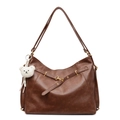 Dark brown large capacity faux leather tote bag with gold buckle and bear charm - Brown
