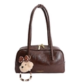 Dark brown retro underarm bag in oily leather with a cute plush bear pendant accessory - With Pendant / Brown