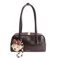 Vintage dark brown gloss leather shoulder bag with plush bear charm and gold zippers - With Pendant / Brown