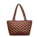 Bolso tote acolchado marrón de nailon brillante con gran capacidad para el invierno - café