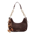 Donkerbruine hobo-tas met gouden ketting en vintage houten kralen kwastje - Met Hanger / koffiekleur