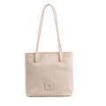Beige oversized striped tote bag with accordion pleats and square leather patch detail - White