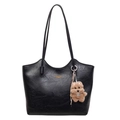Bolso tote negro retro de cuero sintético con logo dorado y colgante de perrito - Con Colgante / Negro