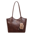 Bolso tote de cuero retro marrón oscuro con asas largas y un colgante de perro de peluche - Con Colgante / Marrón