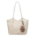 Bolso tote minimalista de cuero beige con asas largas y colgante de osito de peluche marrón - Con Colgante / Blanco Roto