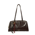 Grande borsa a spalla color cioccolato in pelle lucida vintage con cordoncino intrecciato - Marrone