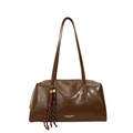 Borsa a spalla marrone in pelle cerata vintage con scritte dorate e ciondolo intrecciato - Marrone