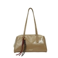 Borsa sottobraccio kaki scuro in pelle cerata lucida con nappe intrecciate e manici - Cachi