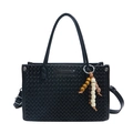 Black vintage woven tote bag with V-shaped quilting, top handles and beaded charm - Black