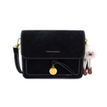 Black vintage crossbody square bag with white contrast stitching and plush charm - With Pendant / Black