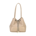 Schicke beige gewebte Beuteltasche mit glattem PU-Leder und edler Perlenkette - Weiß