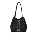 Schicke schwarze Eimer-Tasche aus PU-Leder mit geflochtenem Muster und eleganter Perlenkette - Schwarz