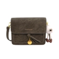 Retro dark brown crossbody bag with contrast stitching and plush doll charm - With Pendant / Green