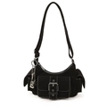 Y2K style black multi-pocket baguette bag with silver chain and metal buckle detail - With Pendant / Black