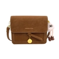 Vintage brown crossbody bag with contrast stitching and white plush charm detail - With Pendant / Brown