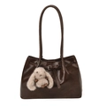Dark coffee faux leather tote bag with plush rabbit charm and shoulder straps - With Pendant / Brown