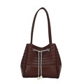 Dark brown bucket bag with woven leather texture, silver chain and pearl details - Brown