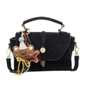 Elegant black suede crossbody bag with gold round clasp and cute teddy bear charm - With Pendant / Black