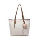 Bolso tote crema con ribete marrón y colgante de osito de peluche con diseño retro chic - Con Colgante / Blanco Roto