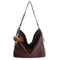 Dark brown large capacity leather tote bag with plush bear charm and star tag - With Pendant / Coffee