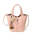 Pink lychee texture bucket bag with adjustable strap and floral bead pendant - With Charm / Pink