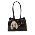 Glossy black patent leather tote bag with long straps and a plush rabbit charm - With Pendant / Black