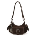 Retro dark brown crescent shoulder bag with multi-pockets and contrast stitching - With Pendant / Coffee