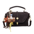 Deep brown matte handbag with retro design and cute plush bear charm on white background - With Pendant / Coffee