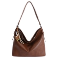 Dark brown large capacity hobo tote bag in oily faux leather with bear charm - With Pendant / Brown