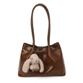 Retro faux leather tote bag in dark brown with a plush bunny charm on white background - With Pendant / Brown