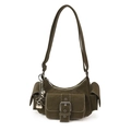 Olive green utility shoulder bag in washed leather style with multi-pocket details - With Pendant / Green